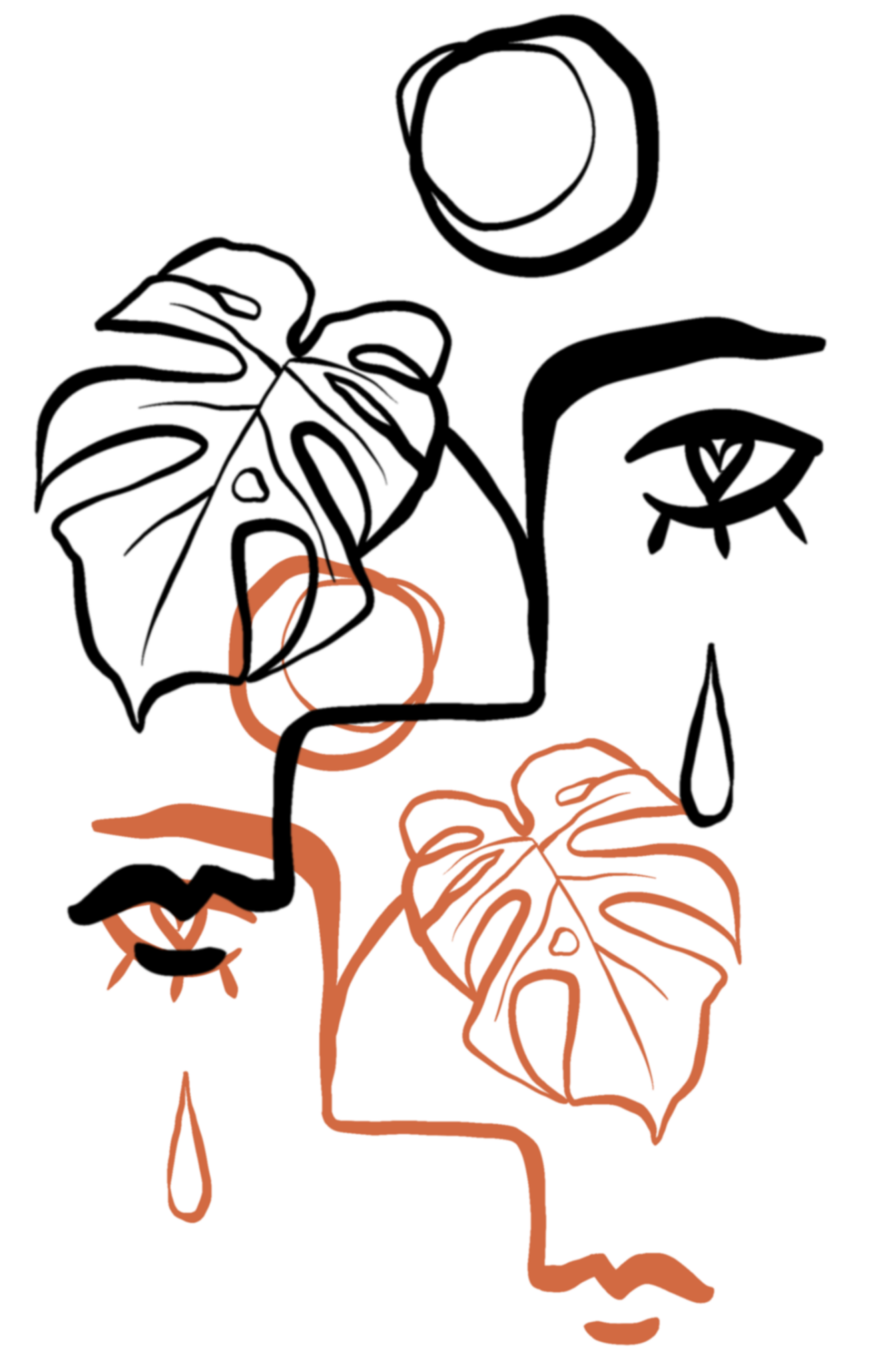 Eine Illustration von zwei gespiegelten Gesichtern in schwarz und orange, die eine Monstera mit einer Träne gießen.